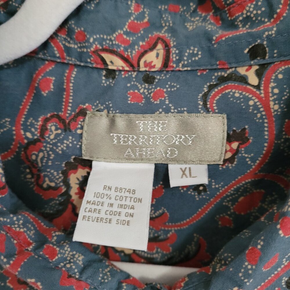 Paisley Blue Red Tan Button Shirt Territory Ahead Size XL